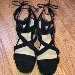 justfab black strappy platforms